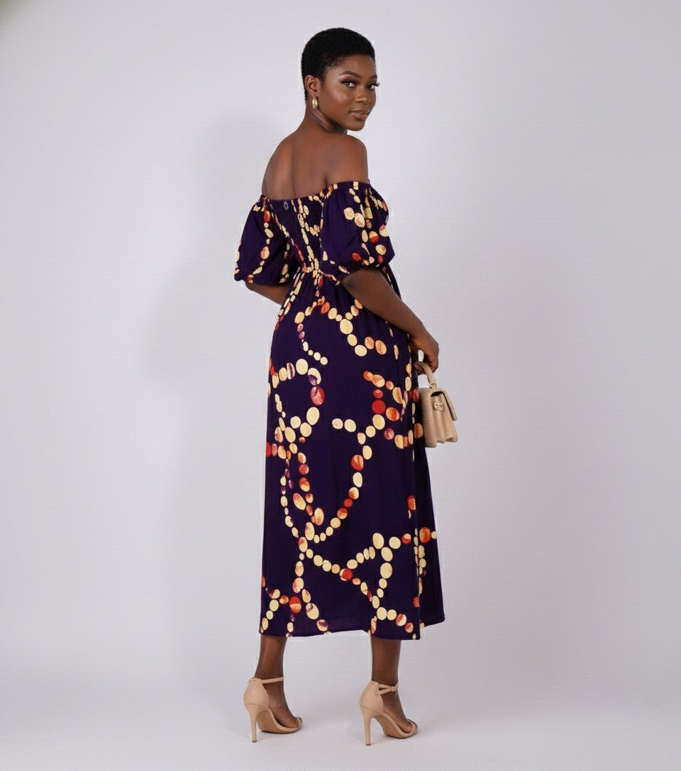 Jaali Women's African Print Off-Shoulder Maxi Dress (Purple)
