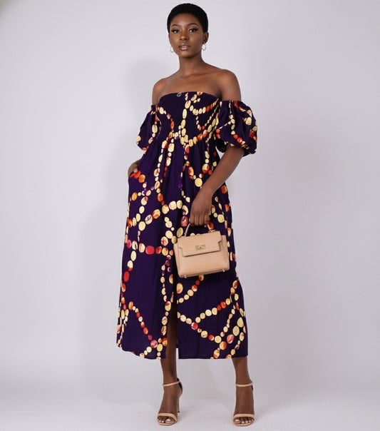 Jaali Women's African Print Off-Shoulder Maxi Dress (Purple)