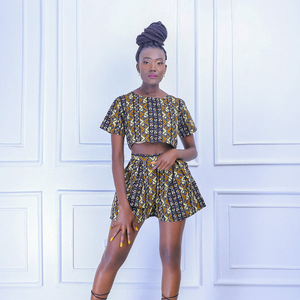 Lamu Brown African Print High-Waisted Shorts