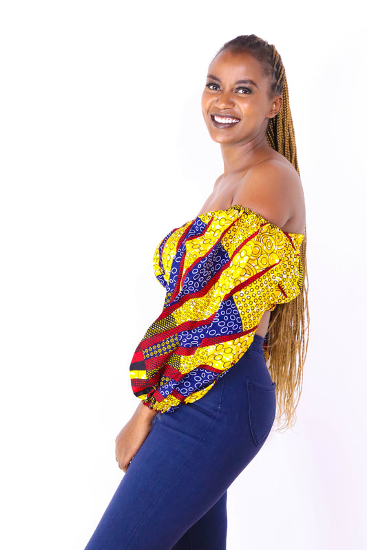 Shiro Women's African Print Off Shoulder Crop Top (yellow/red)