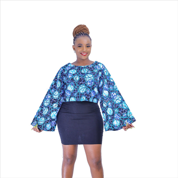 Charo Dramatic Long-Sleeved African Top (Blue Print)
