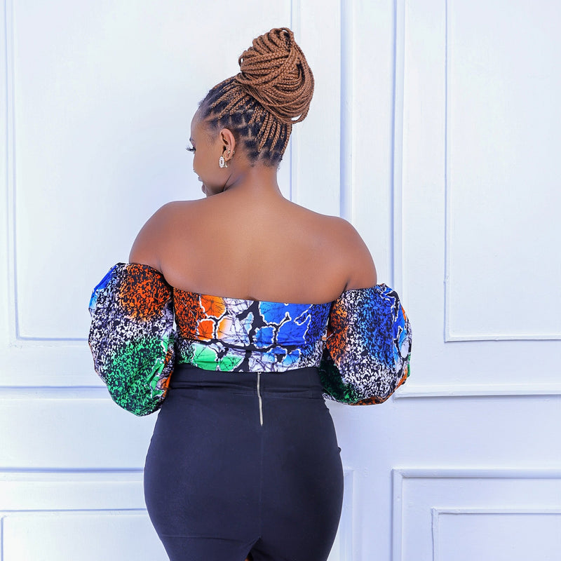 Samfaya Off Shoulder African  Women's Top (Blue Print)