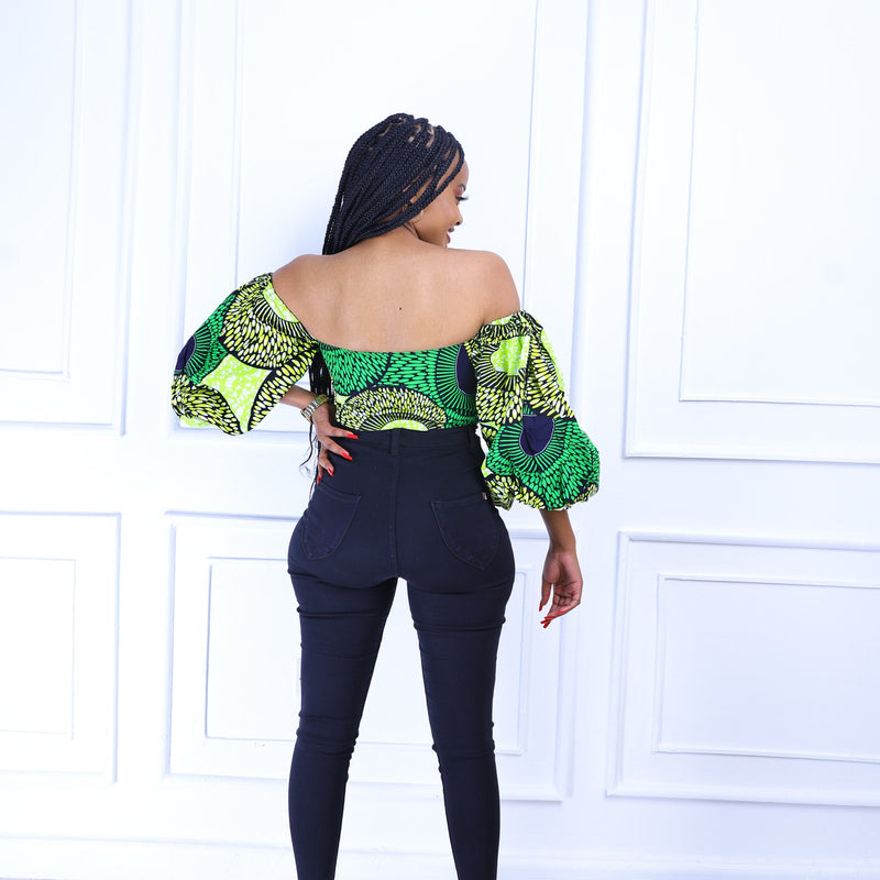 Samfaya Off Shoulder Green African Print Women's Top