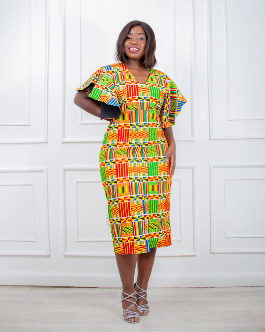 Urbi Women's African Print Midi Dress (Yellow Kente)