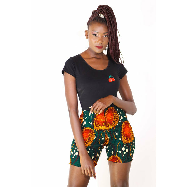Asir African print Stretchy  Shorts (Green and orange)