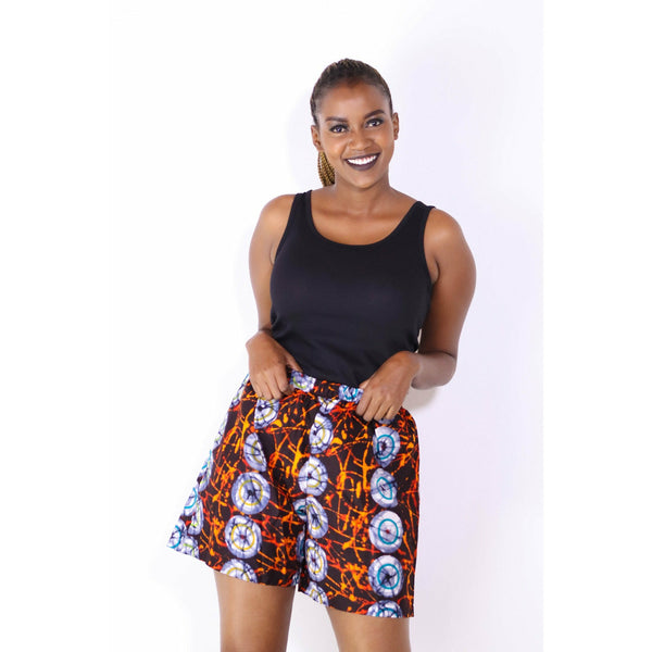 Tausi African Print High-Waisted Shorts (Copper and sky blue)