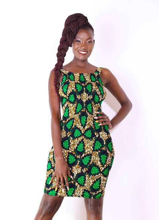 Kasa Women's African Print Stretch Dress (Green)