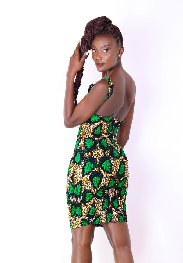 Kasa African fabric shirred Dress - Green