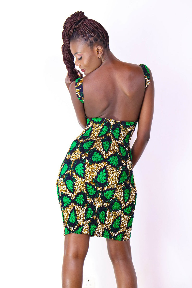 Kasa African fabric shirred Dress - Green