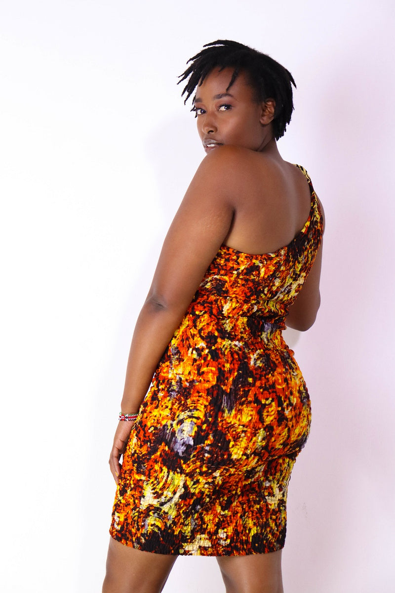 Marashi One Shoulder African print Dress (Orange)