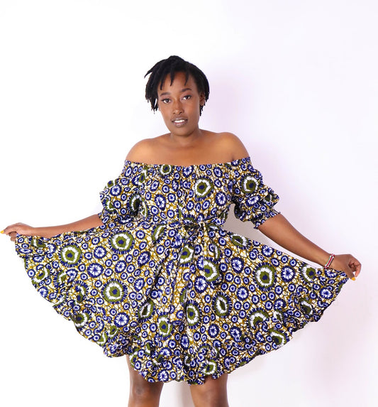 Nigist Women's African Print off shoulder Free Flowing Dress (Blue)