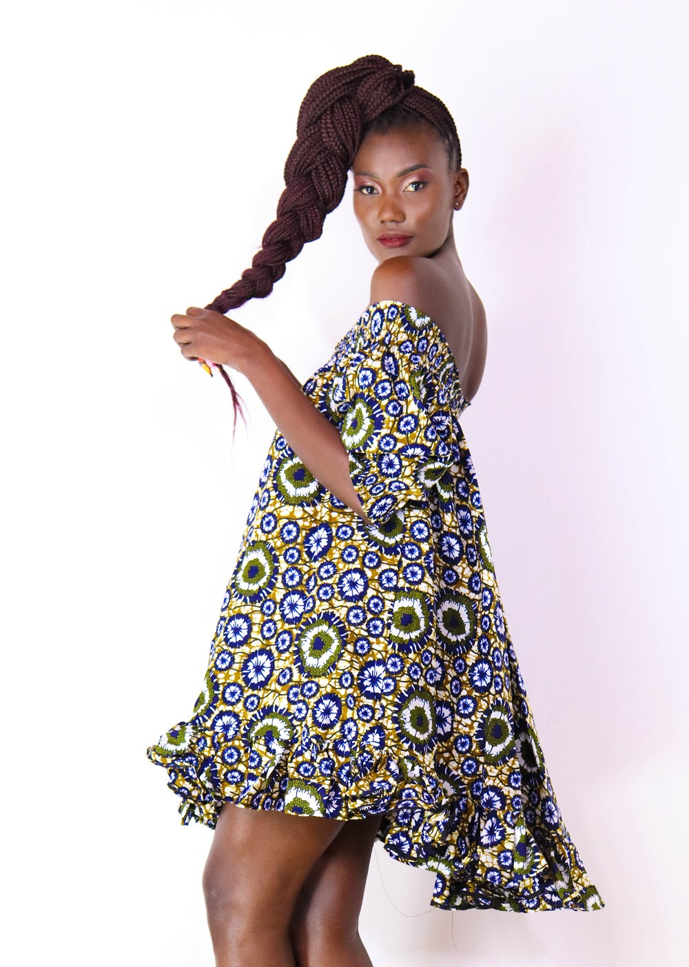 Nigist Women's African Print off shoulder Free Flowing Dress (Blue)