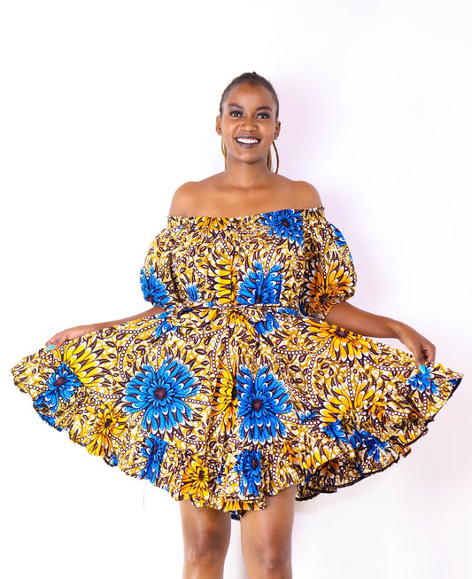 Nigist Women's African Print off shoulder Free Flowing Dress (Floral)