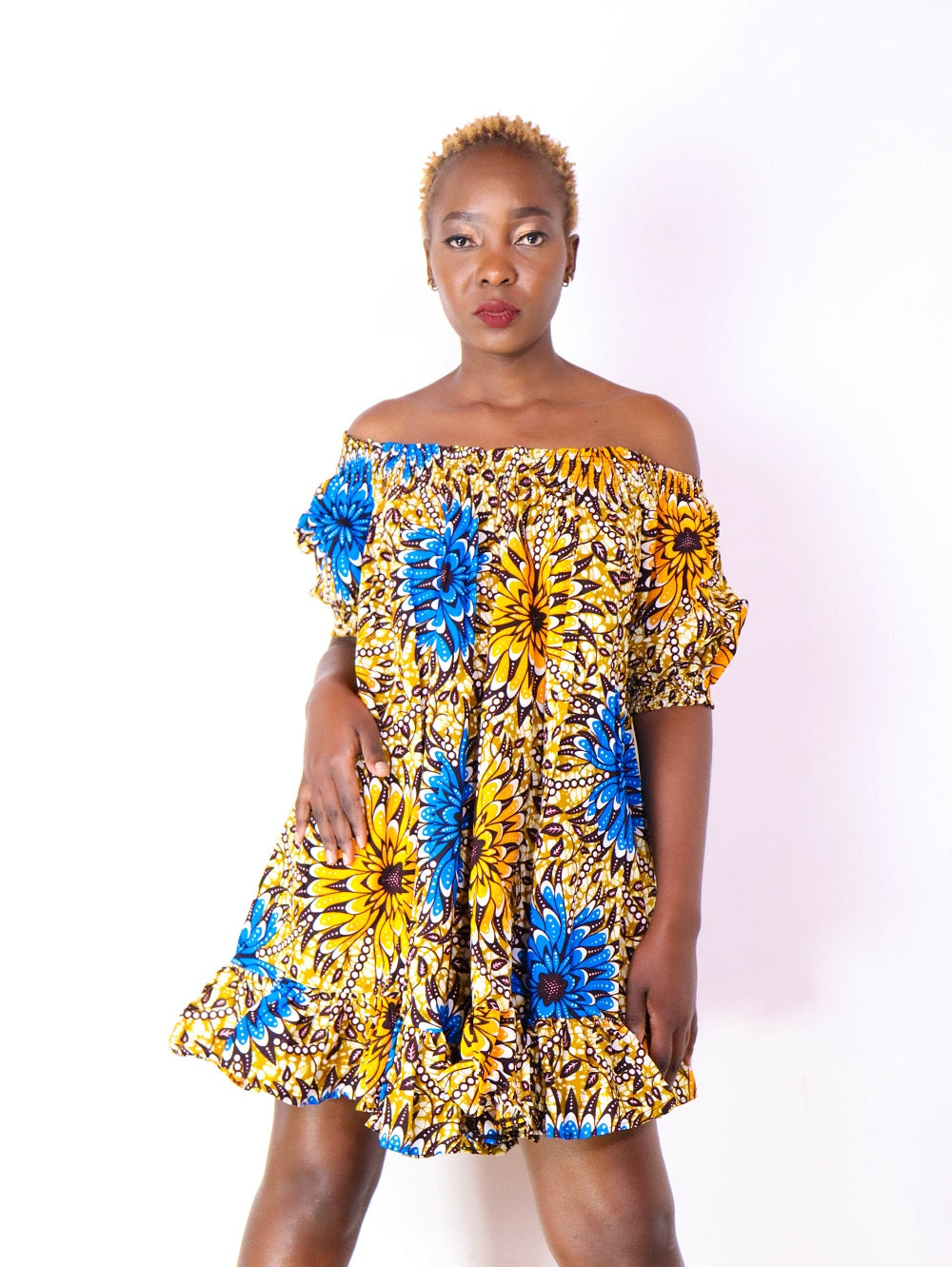 Nigist Women's African Print off shoulder Free Flowing Dress (Floral)