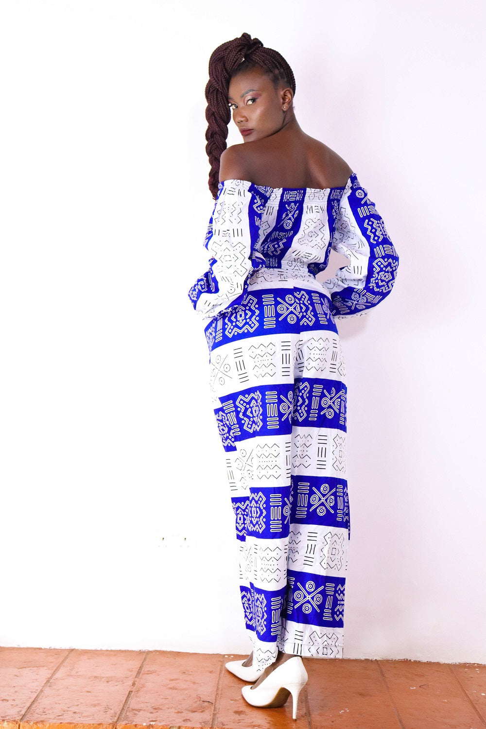 Ayaba Off shoulder African Print Jumpsuit (White and Blue)