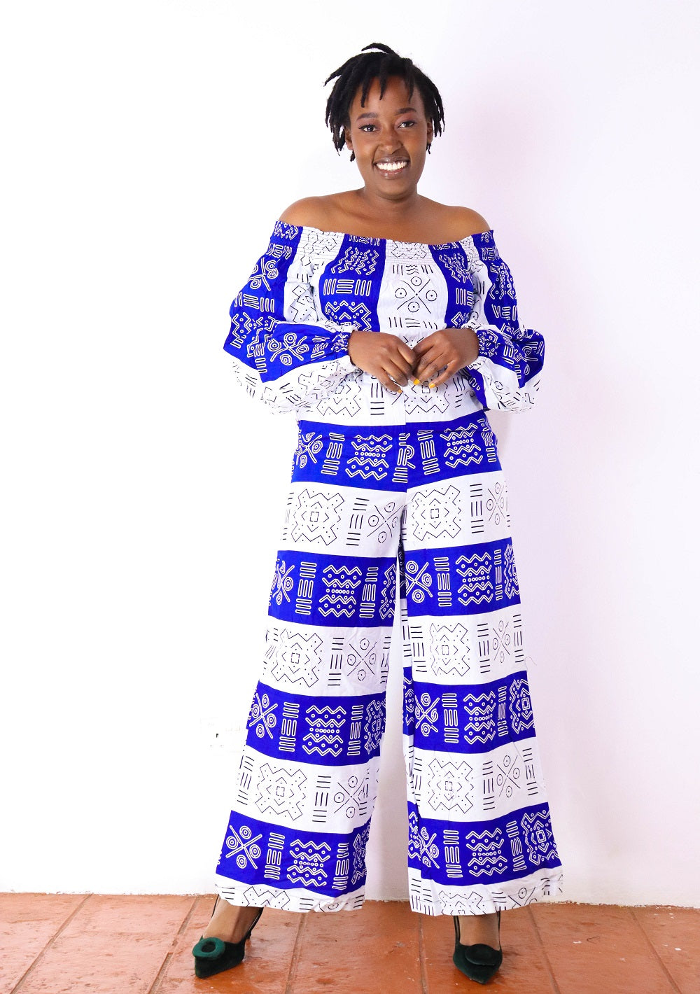 Ayaba Off shoulder African Print Jumpsuit (White and Blue)