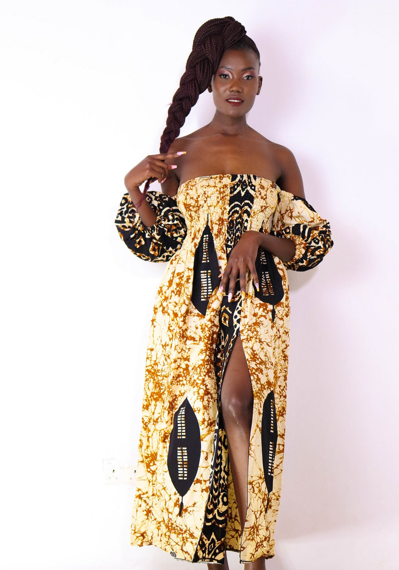 Jaali beige Off shoulder African print maxi dress