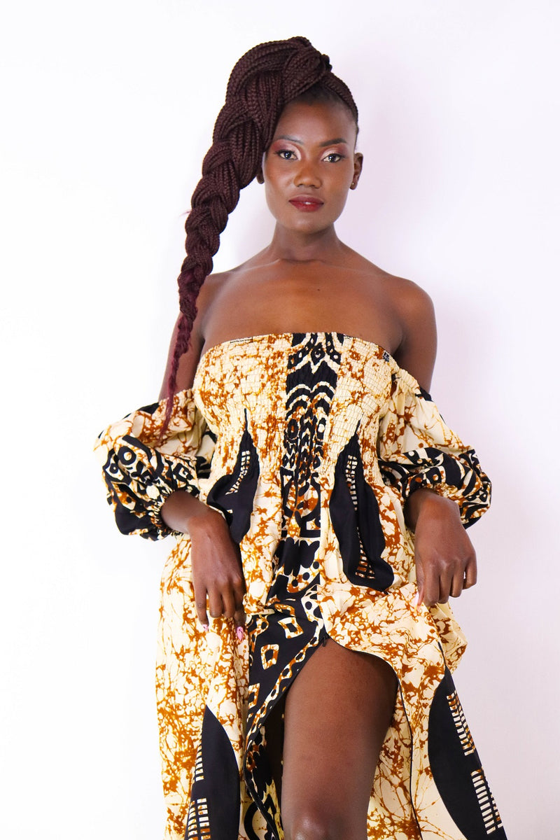 Jaali beige Off shoulder African print maxi dress