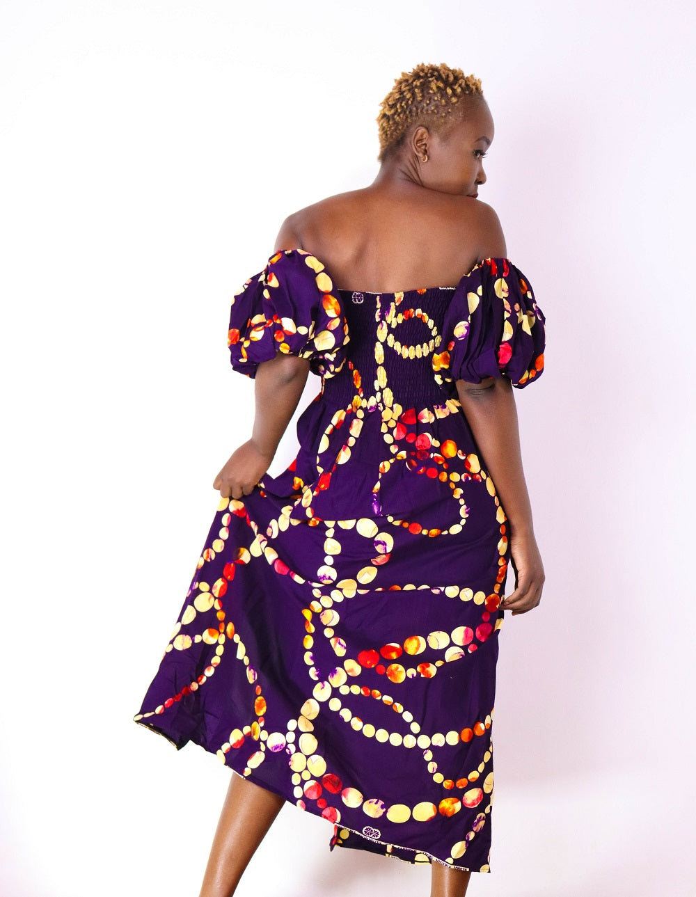 Jaali Women's African Print Off-Shoulder Maxi Dress (Purple)