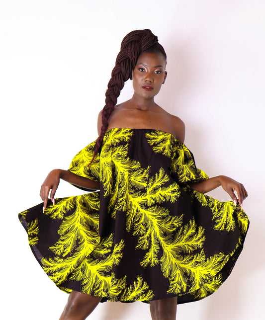 Nigist Women's African Print off shoulder Free Flowing Dress (Yellow)