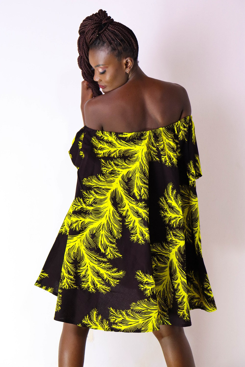 Nigist Women's African Print off shoulder Free Flowing Dress (Yellow)