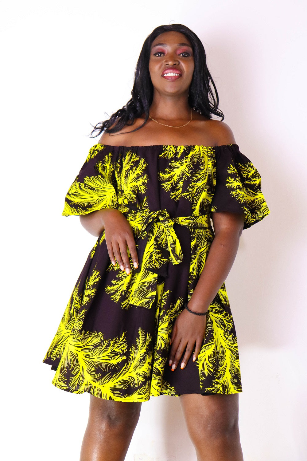 Nigist Women's African Print off shoulder Free Flowing Dress (Yellow)