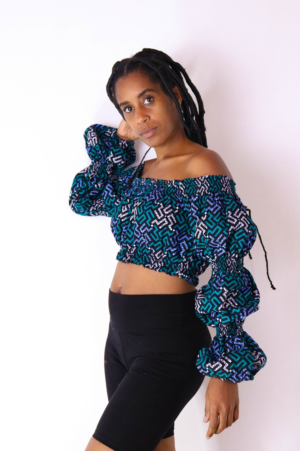 Shiro Women's African Print Off Shoulder Crop Top (Blue)