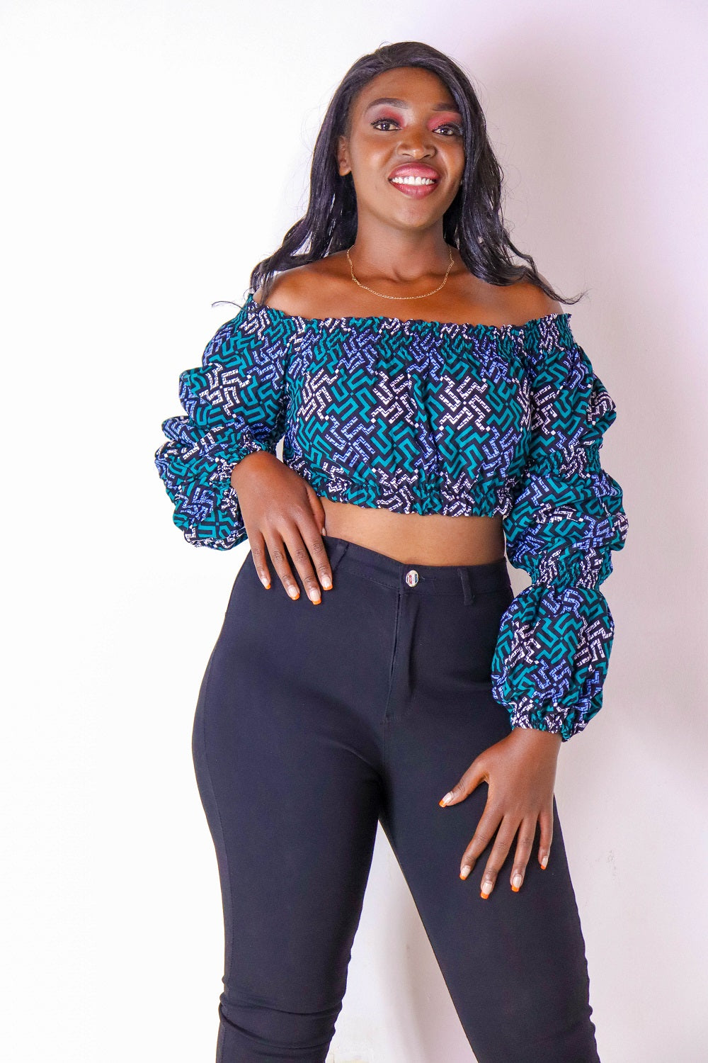 Shiro Women's African Print Off Shoulder Crop Top (Blue)