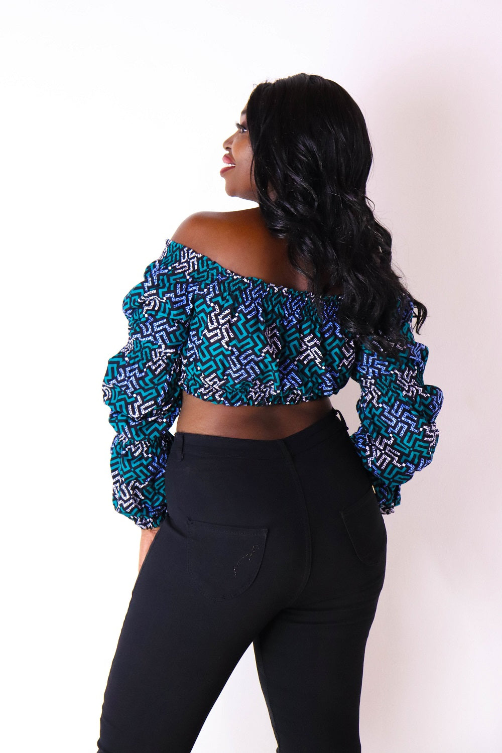 Shiro Women's African Print Off Shoulder Crop Top (Blue)