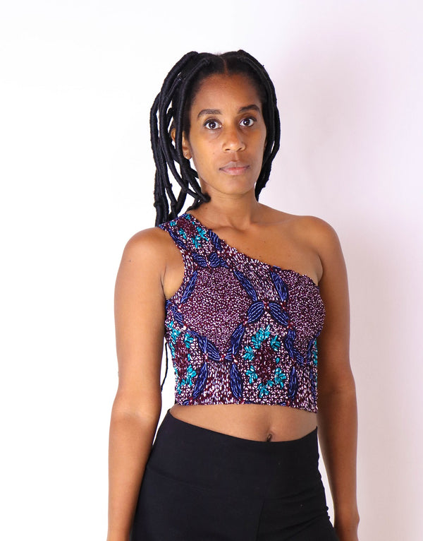 Nzela one shoulder purple african print crop Top