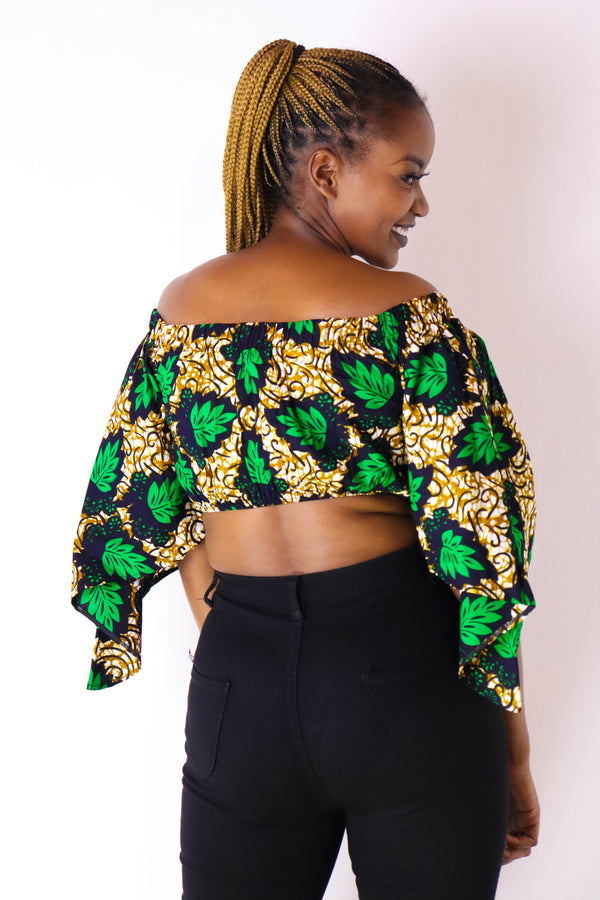 Ayanna Women's African Print Off-shoulder Crop Top - Green/brown