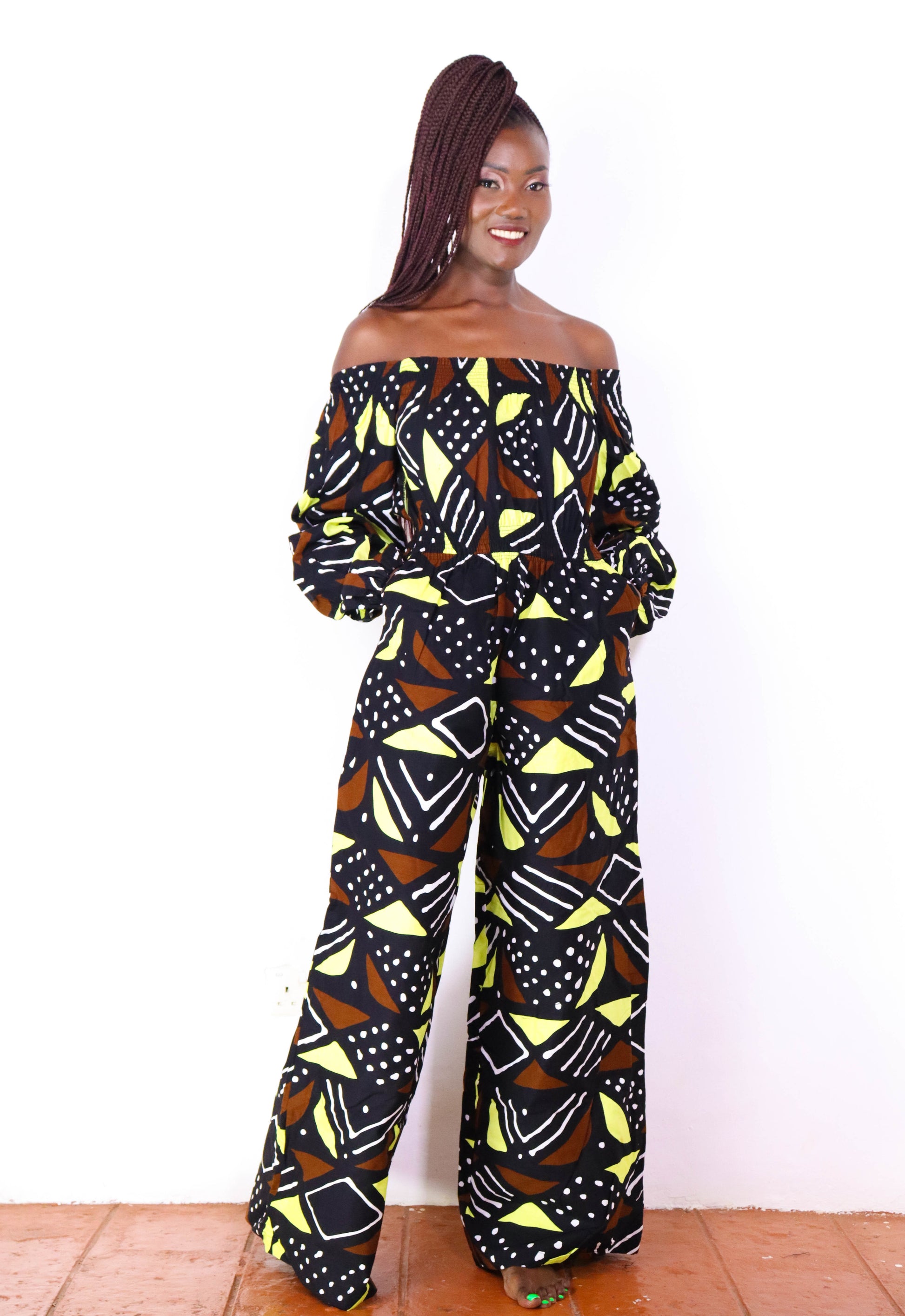 Ayaba Off shoulder Jumpsuit (Neutral Mudcloth)