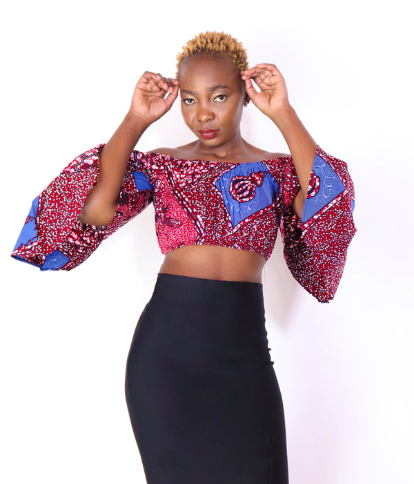 Ayanna Women's African Print Off-shoulder Crop Top - Pink/Blue