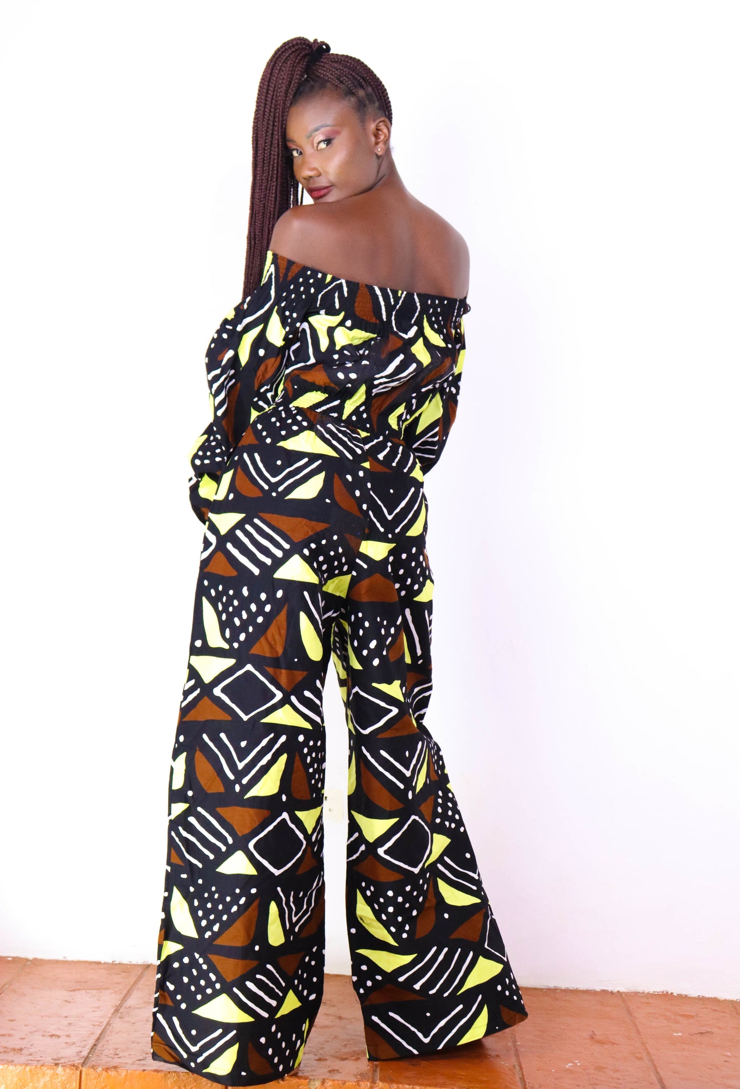 Ayaba Off shoulder Jumpsuit (Neutral Mudcloth)
