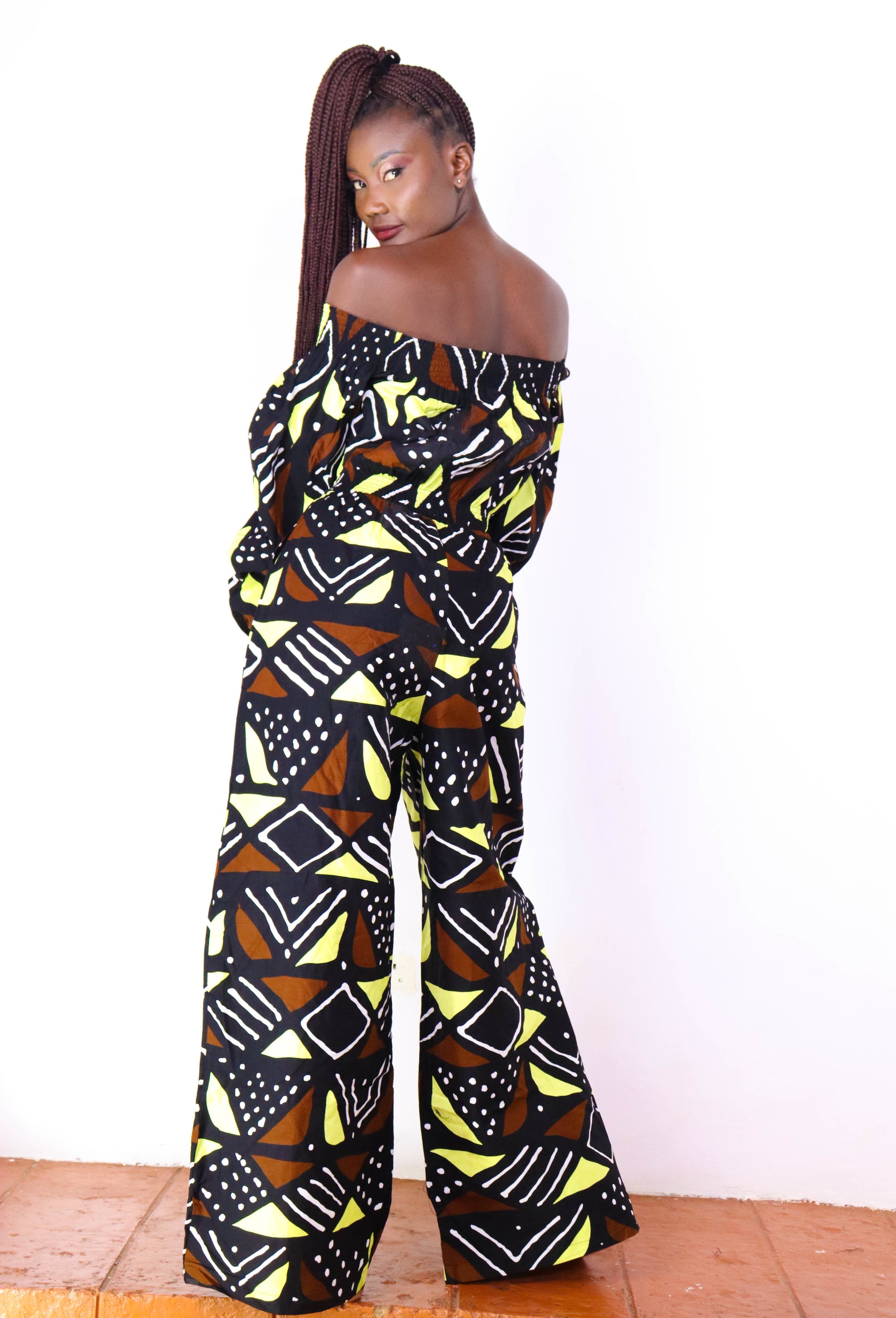 Ayaba Off shoulder Jumpsuit (Neutral Mudcloth)