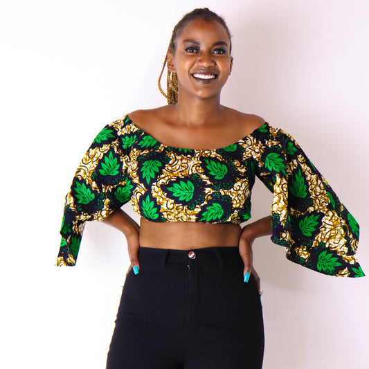 Ayanna Women's African Print Off-shoulder Crop Top - Green/brown