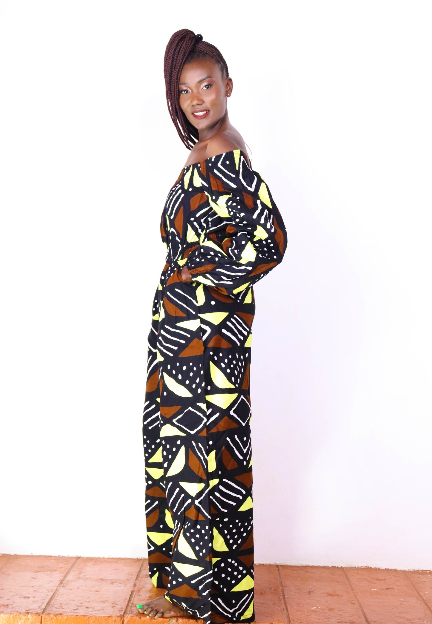 Ayaba Off shoulder Jumpsuit (Neutral Mudcloth)