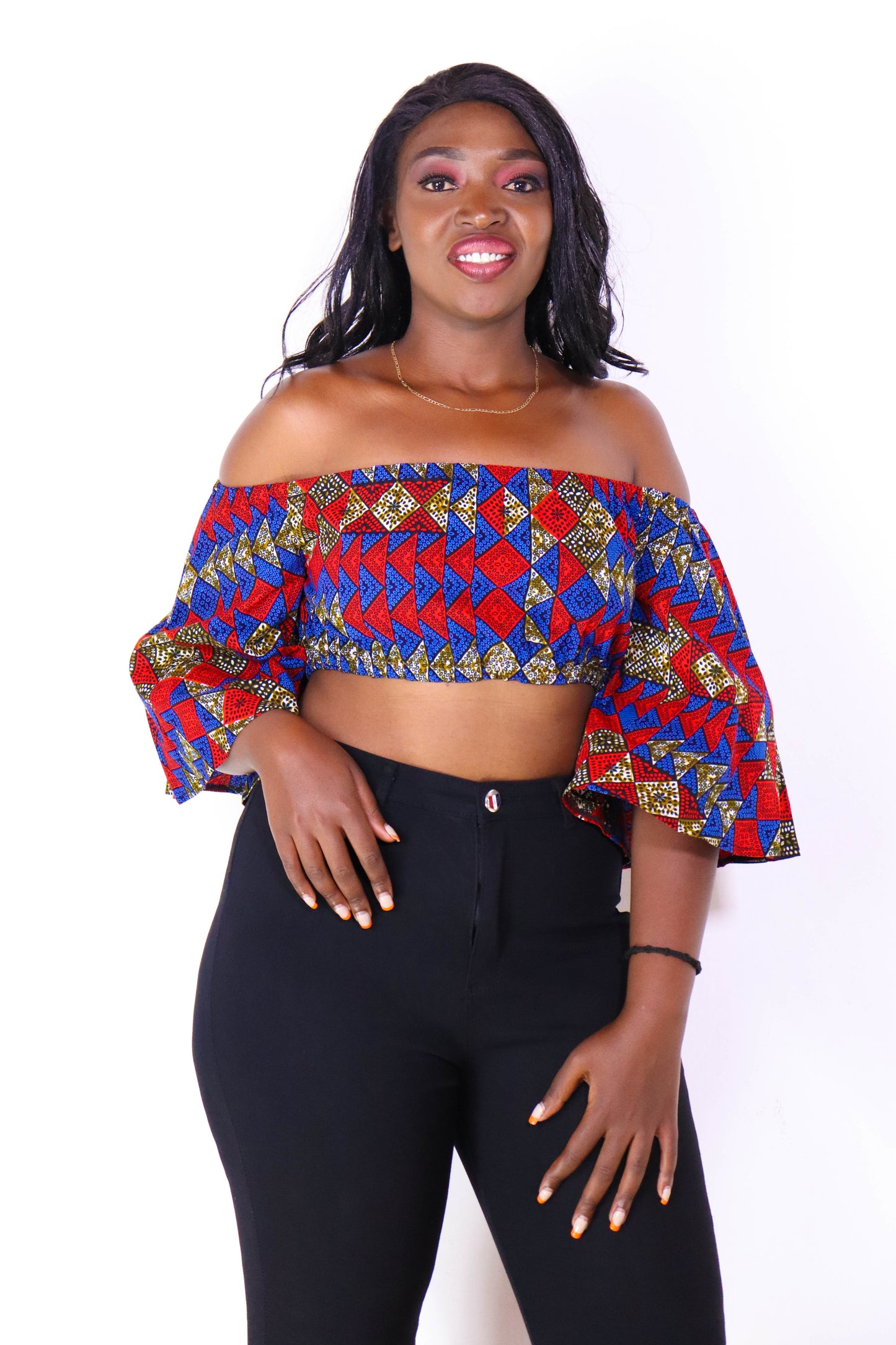 Ayanna Women's African Print Off-shoulder Crop Top -Blue Tribal Print