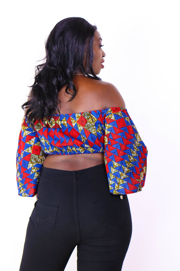 Ayanna Women's African Print Off-shoulder Crop Top -Blue Tribal Print