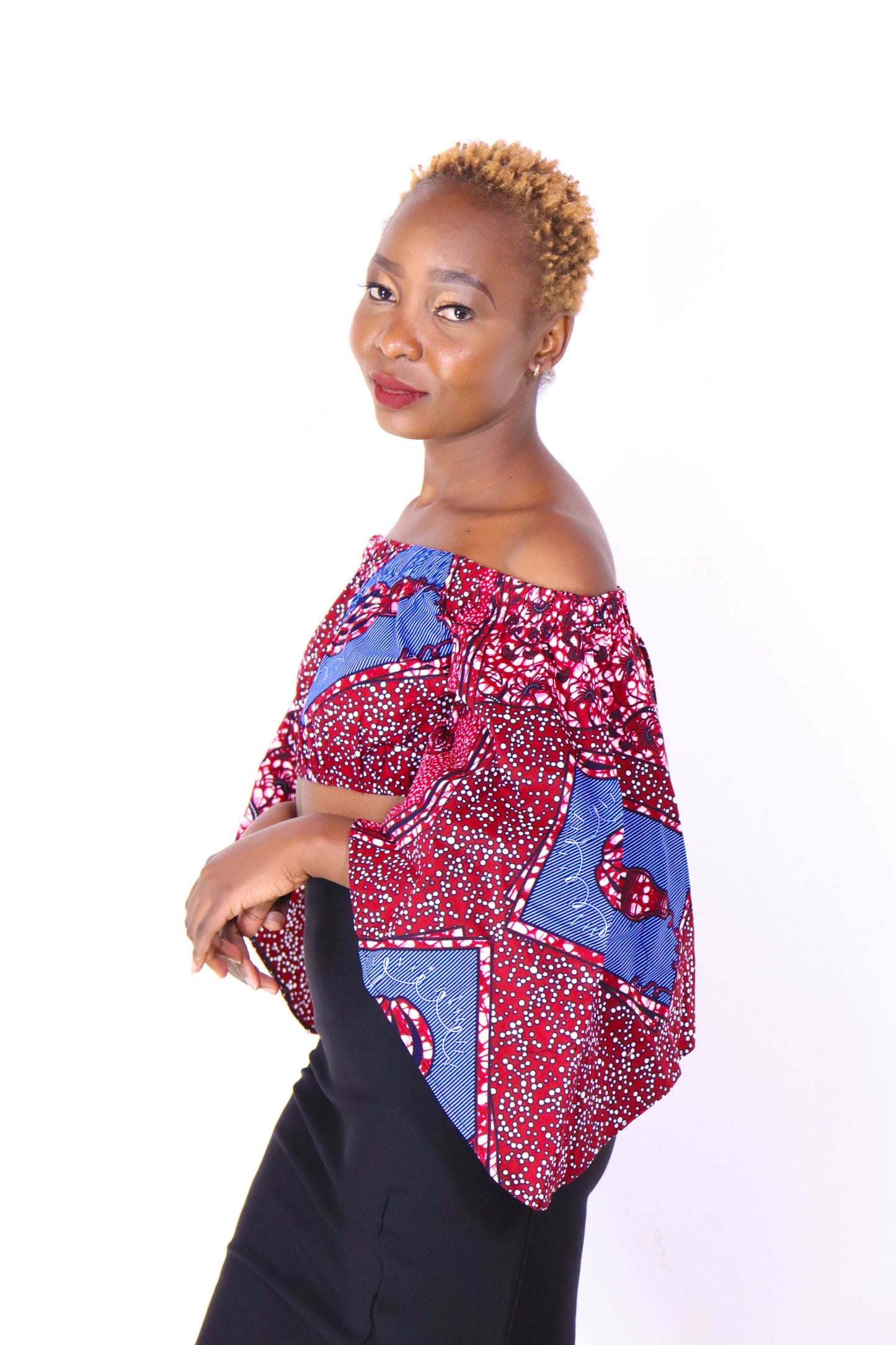 Ayanna Women's African Print Off-shoulder Crop Top - Pink/Blue