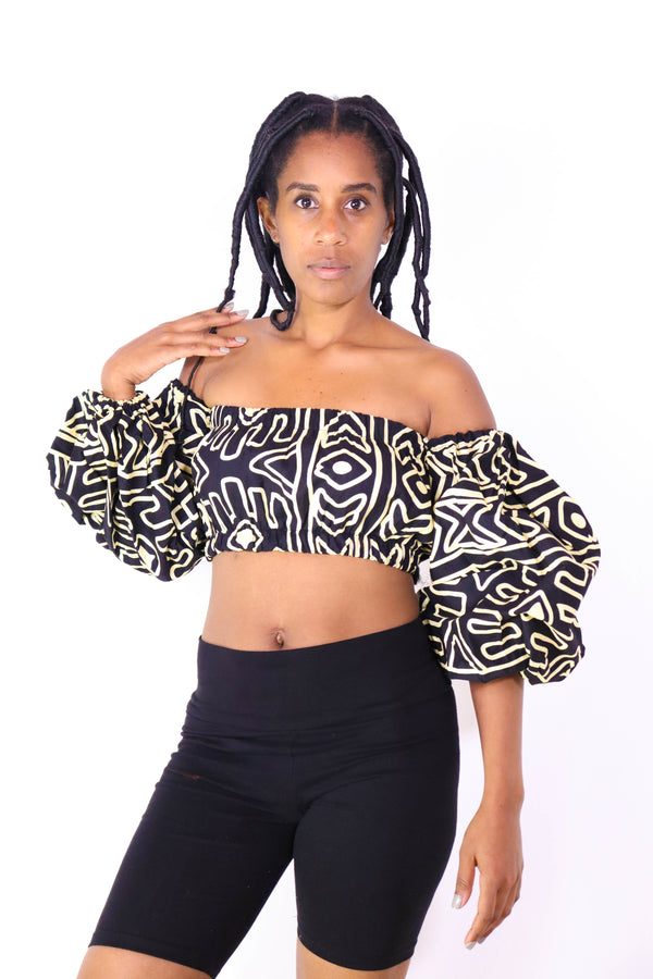 Shiro Women's African Print Off Shoulder Crop Top (Beige/Black)