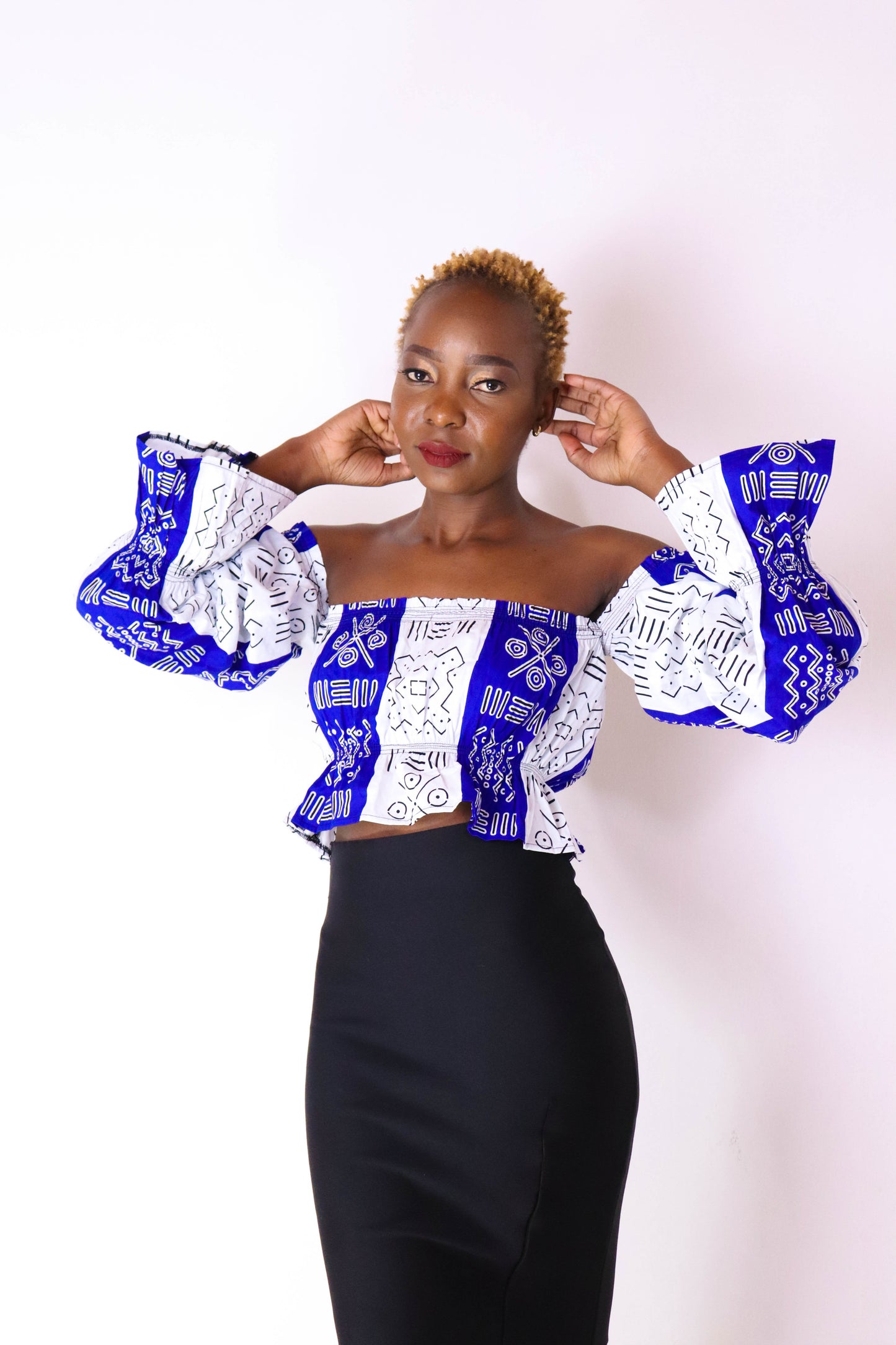 Sahihi Women's African Print Off Shoulder Crop Top (Blue/White)